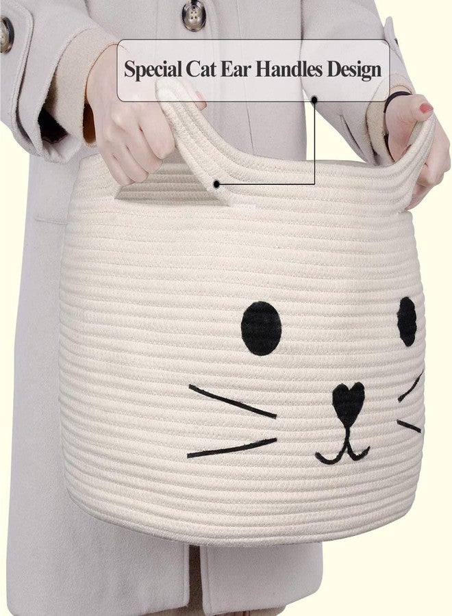 Gleckn Cotton Rope Basket with Handle, Cat Toys Storage Bin for Kids Pets, Cute Woven Containers Holder for Playing Room, Bed Room 15.7" L×13" H (White) - Image 3